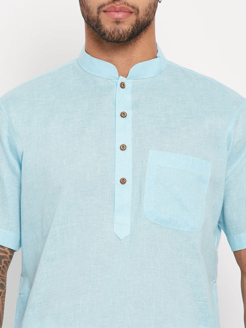 Vastramay Men's Aqua Blue Solid Kurta with White Pyjama Set